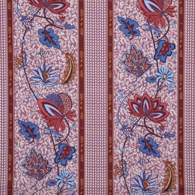 Dusky cherry floral stripes with blue leaves and fine geometric bands