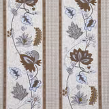 Warm ivory botanical stripe with taupe leaves and muted blue floral details