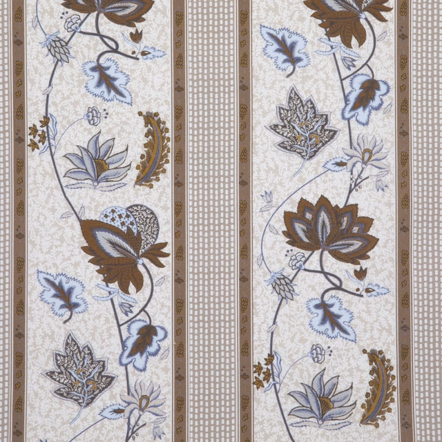 Warm ivory botanical stripe with taupe leaves and muted blue floral details