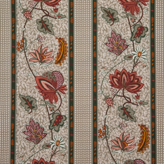 Stone-grey botanical fabric with burgundy flowers, olive stripes and rust floral details