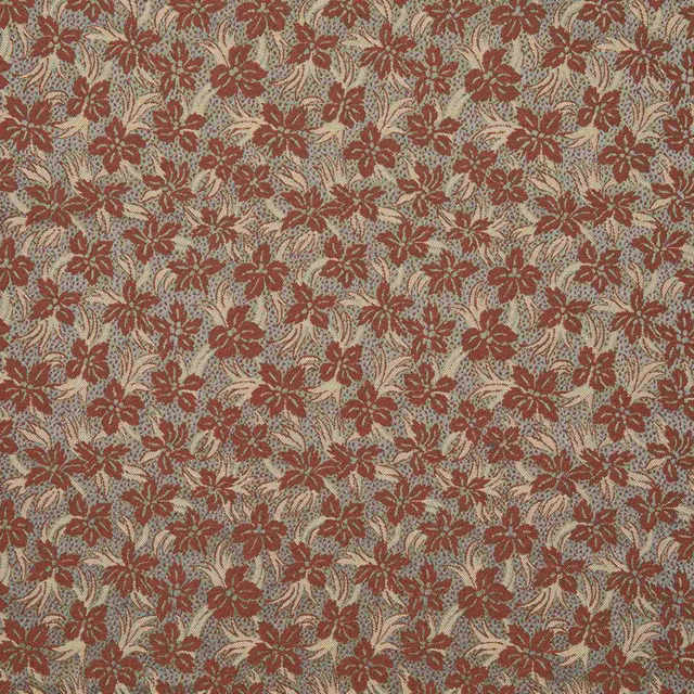 Muted celadon woven ground with rust-red flowers and pale leafy vines