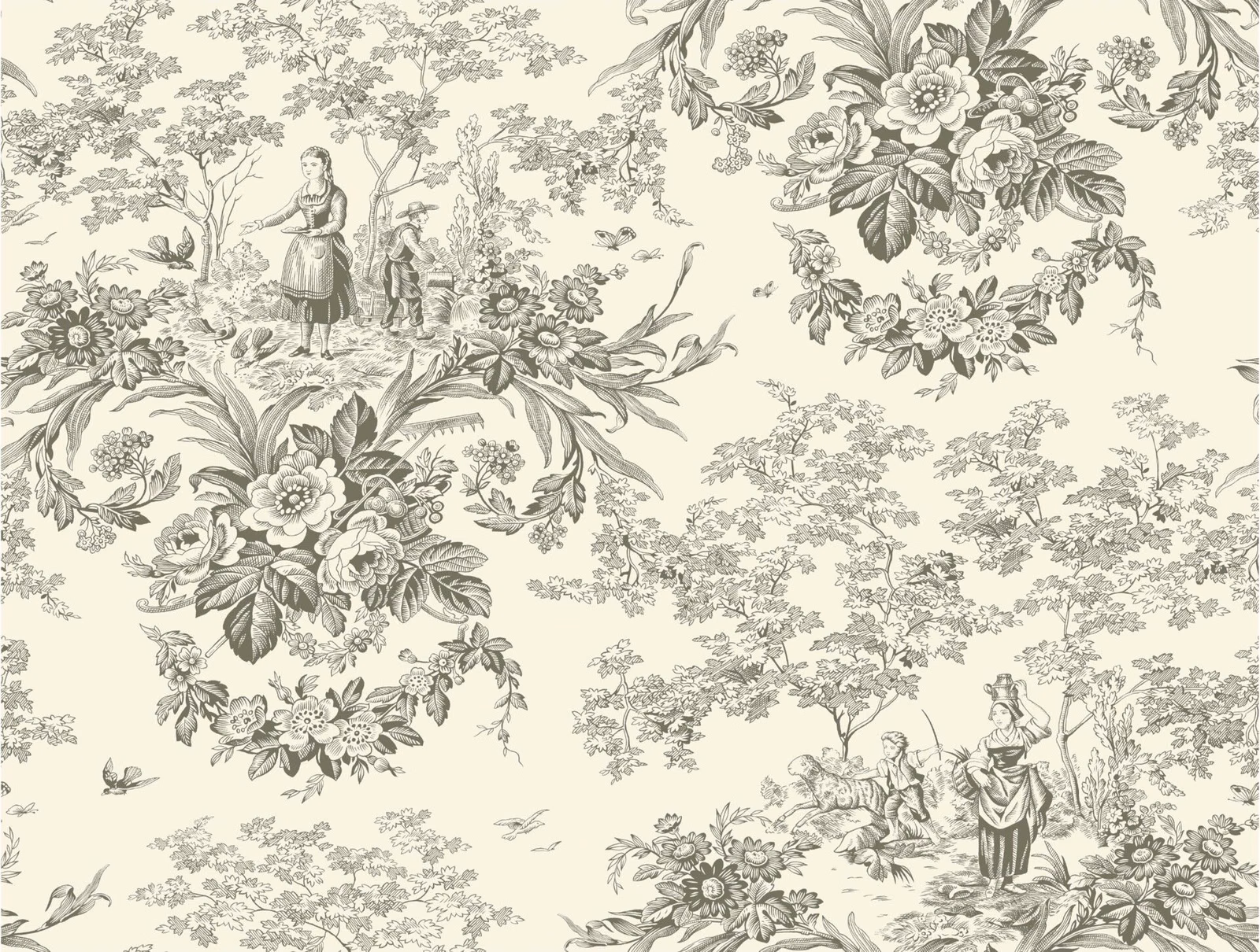 Dove-grey pastoral figures and floral bouquets on an ivory scenic fabric