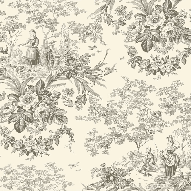 Dove-grey pastoral figures and floral bouquets on an ivory scenic fabric