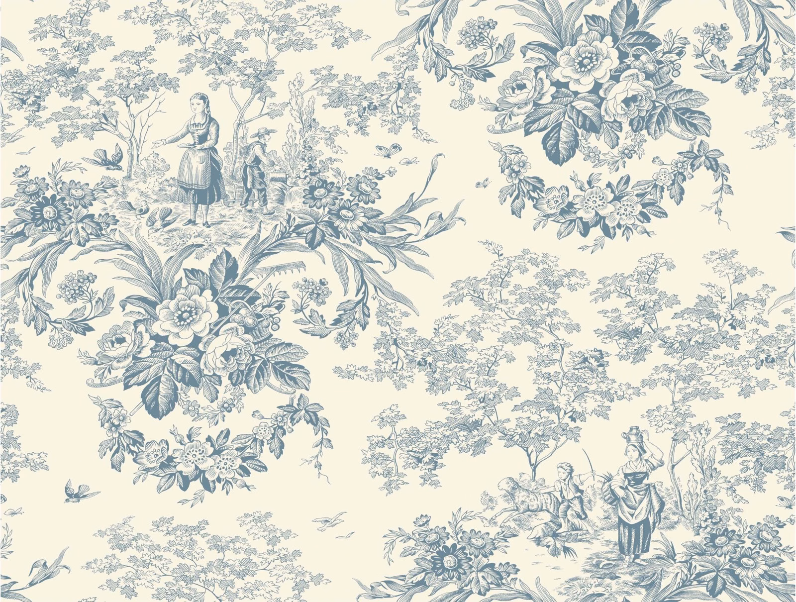 Blue-grey pastoral figures and floral bouquets across an ivory toile ground