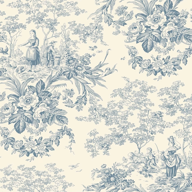 Blue-grey pastoral figures and floral bouquets across an ivory toile ground