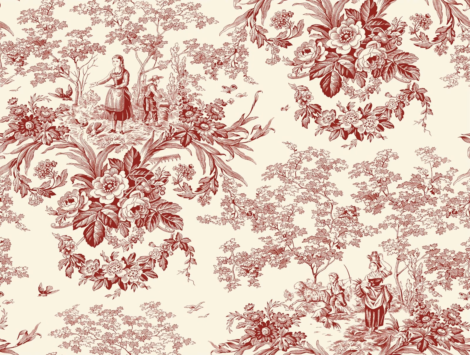 Cream toile ground with garnet floral bouquets, trees, figures and pastoral scenes