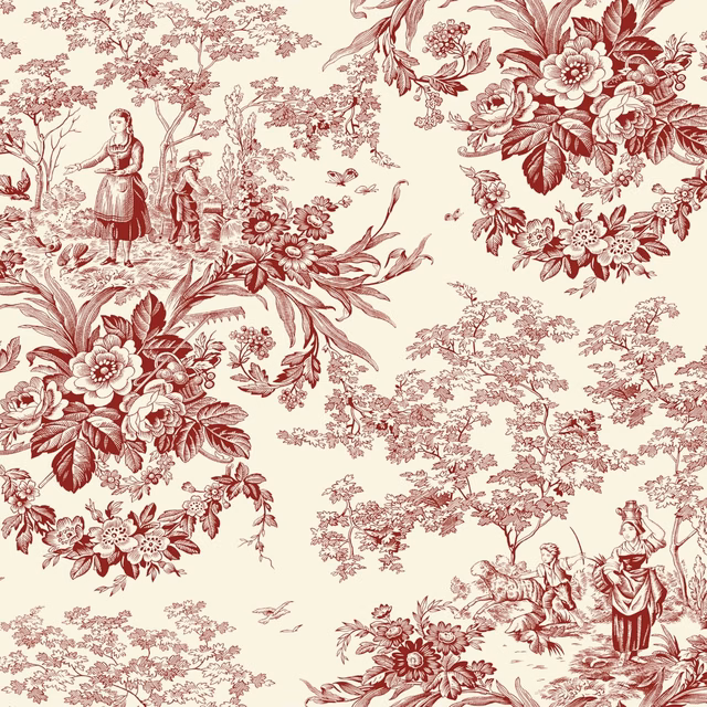 Cream toile ground with garnet floral bouquets, trees, figures and pastoral scenes