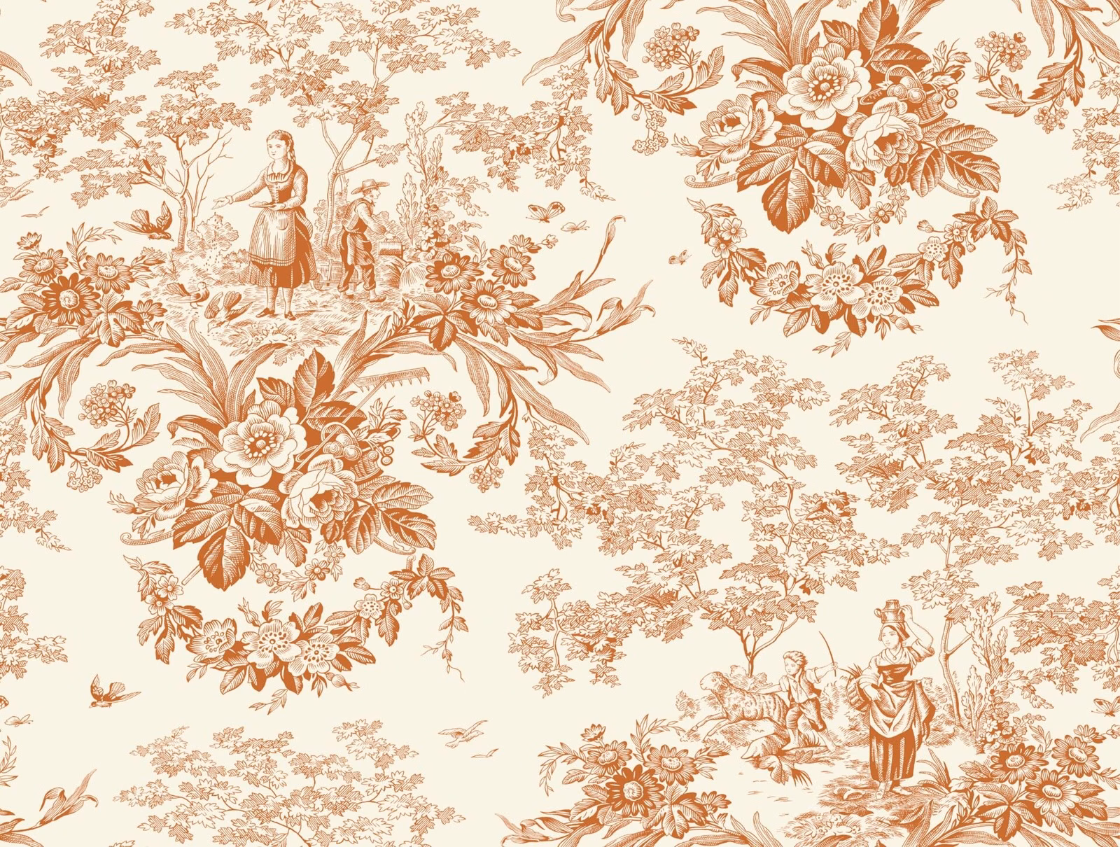 Cream toile ground with terracotta bouquets, foliage and pastoral figures