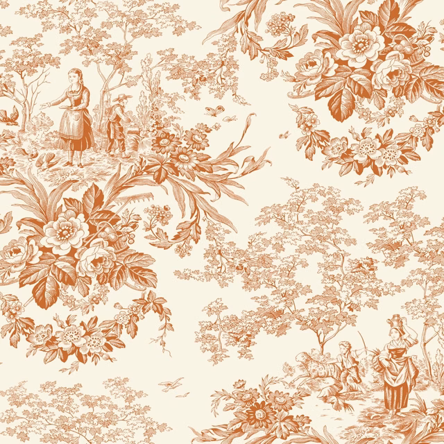 Cream toile ground with terracotta bouquets, foliage and pastoral figures