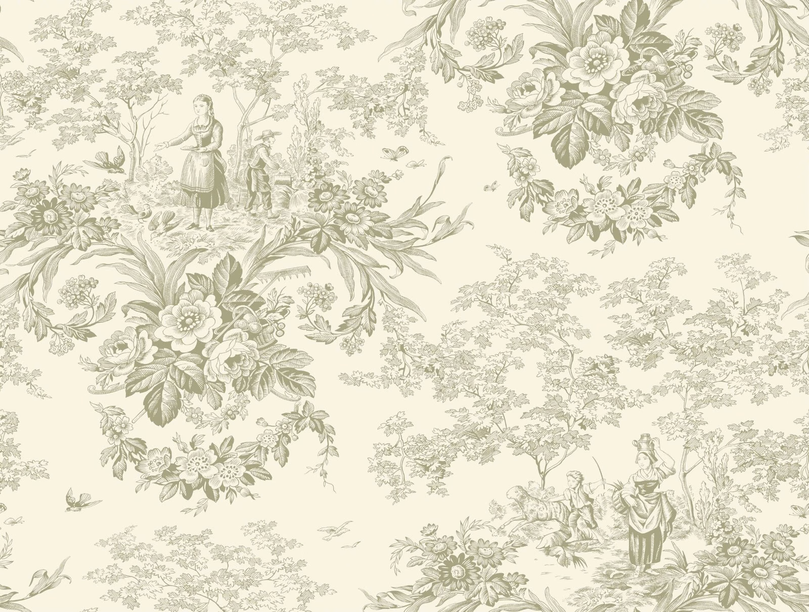 Pale cream Tilleul toile with sage floral bouquets and pastoral figures