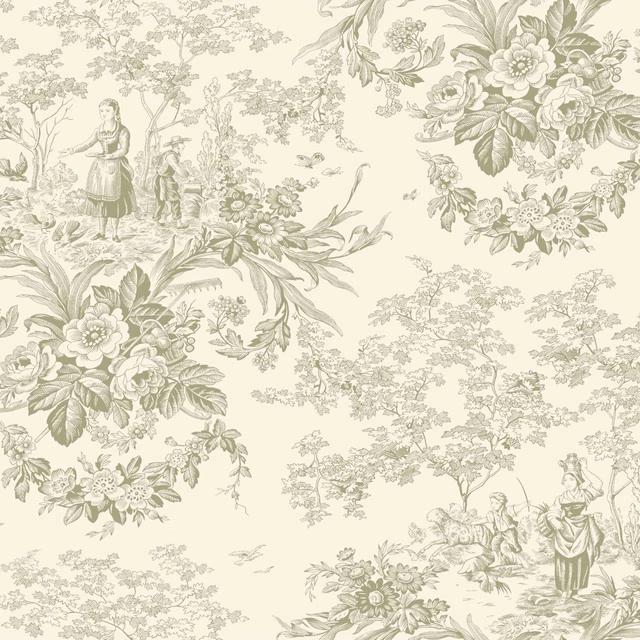 Pale cream Tilleul toile with sage floral bouquets and pastoral figures