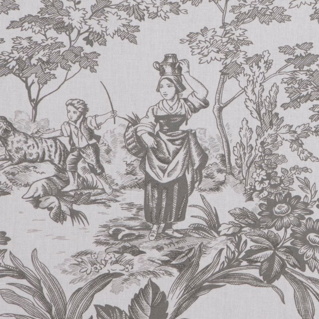 Cendre grey toile showing figures, trees, flowers and birds on a pale ground