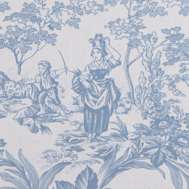 Ivory toile fabric with muted blue flowers, foliage, figures and pastoral animal scene