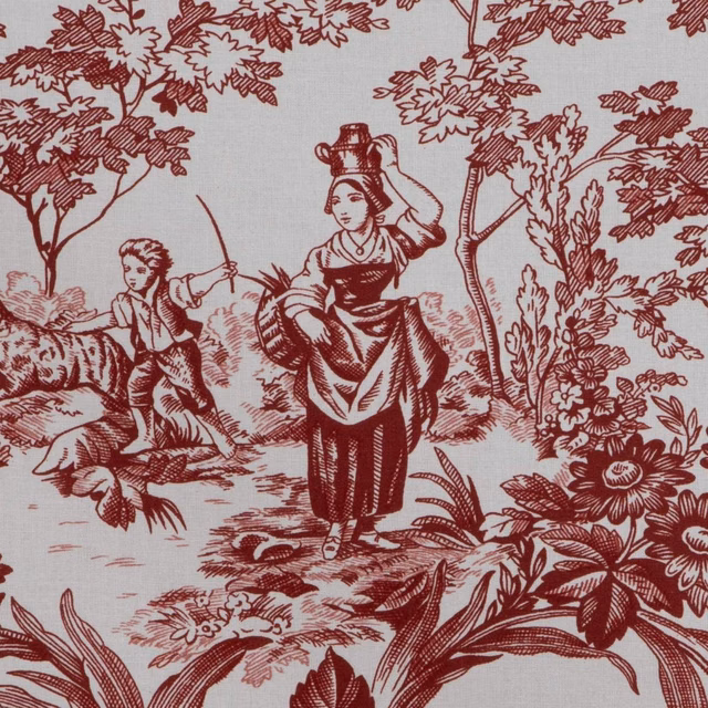 Grenat toile scene with burgundy figures, trees and flowers on soft grey fabric