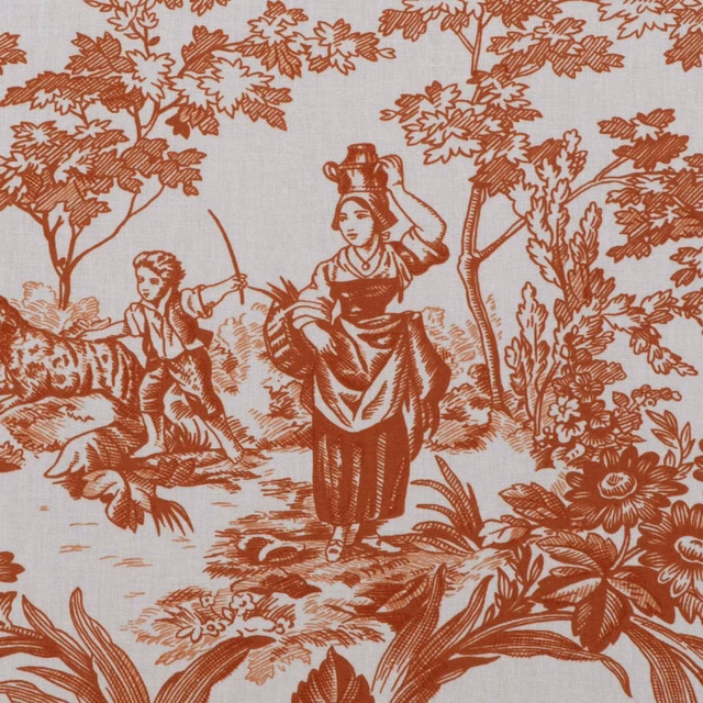 Rust-terracotta toile scene with figures, flowering plants and branching trees on pale ground