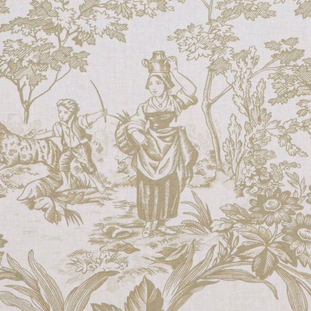 Ivory toile with muted sage pastoral figures, trees, and dense flowering borders