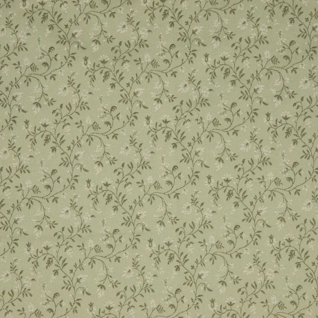 Pale almond-sage fabric with fine grey-green trailing vines and tiny leaves