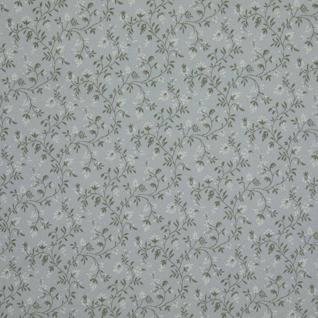 Cool sage-grey fabric with fine olive botanical vines on a pale ground