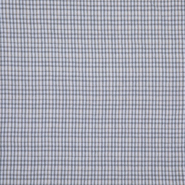 Close-up of pearl-grey woven checks with fine blue-grey lines and subtle texture