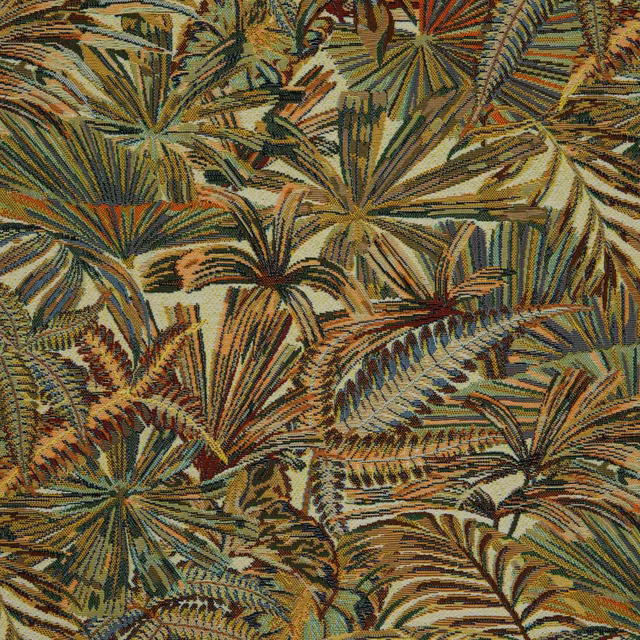 Dense tropical foliage in olive, ochre, rust and deep green with textured botanical detail