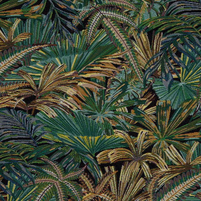 Dense tropical foliage in deep green, teal, olive and ochre woven texture