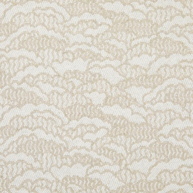 Pale ivory textile with warm beige scrolling organic motifs and fine woven grain