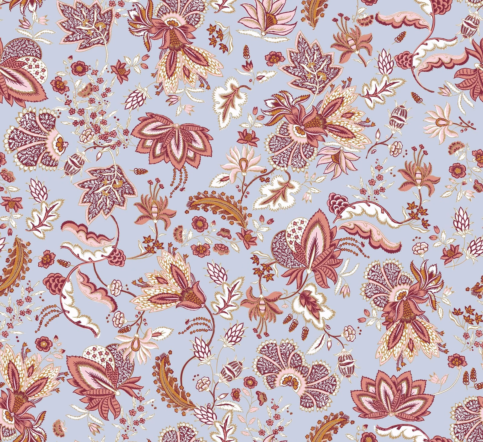 Pale blue Constance textile with burgundy paisleys, pink flowers and cream botanical sprigs
