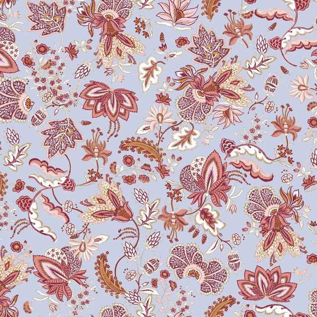 Pale blue Constance textile with burgundy paisleys, pink flowers and cream botanical sprigs