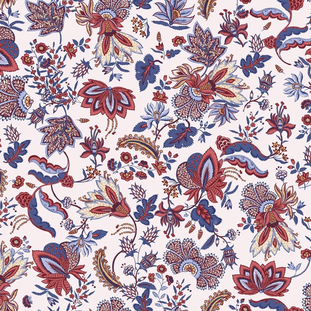Cream floral fabric with burgundy, blue, ochre and red botanical motifs