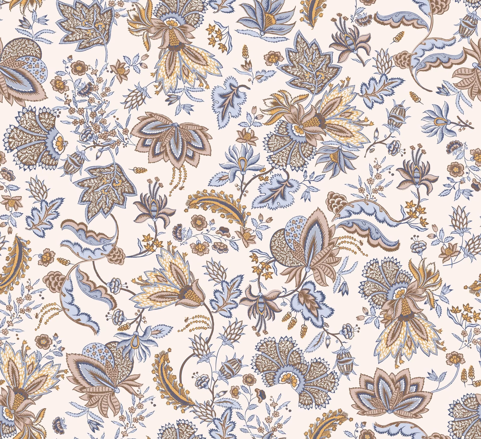 Warm ivory floral textile with dusty blue, taupe and ochre botanical motifs