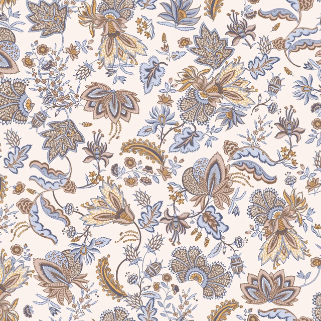 Warm ivory floral textile with dusty blue, taupe and ochre botanical motifs