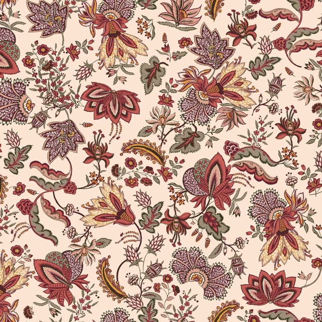 Cream-ground botanical print with burgundy flowers, rust petals, olive leaves and mauve sprigs.