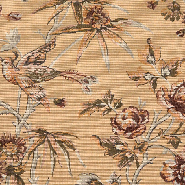 Apricot-beige woven textile with russet flowers, leafy branches and perched bird motifs