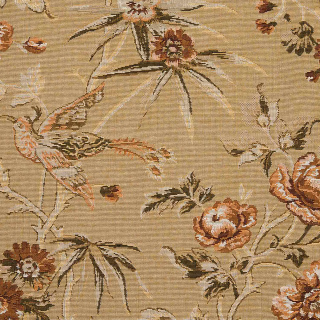 Warm paille beige woven fabric with rust florals, trailing foliage and a detailed bird motif