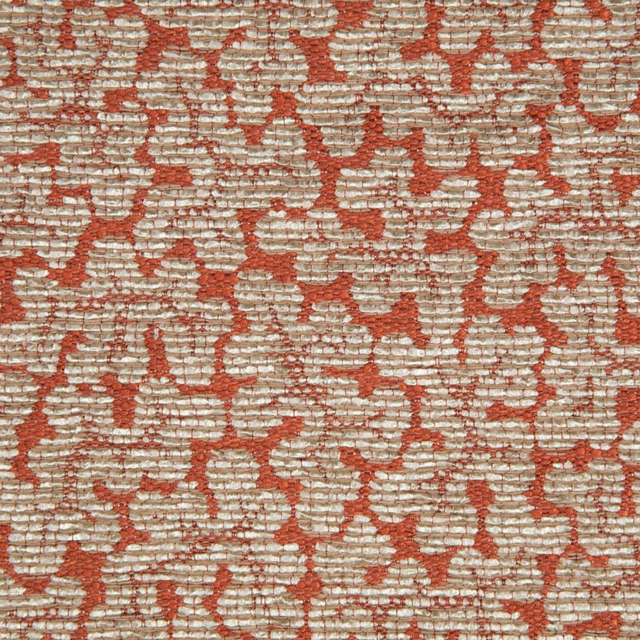 Warm beige woven textile with irregular coral-red organic marks and ridged texture