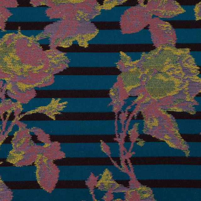 Mauve and olive floral motifs over black and teal horizontal stripes