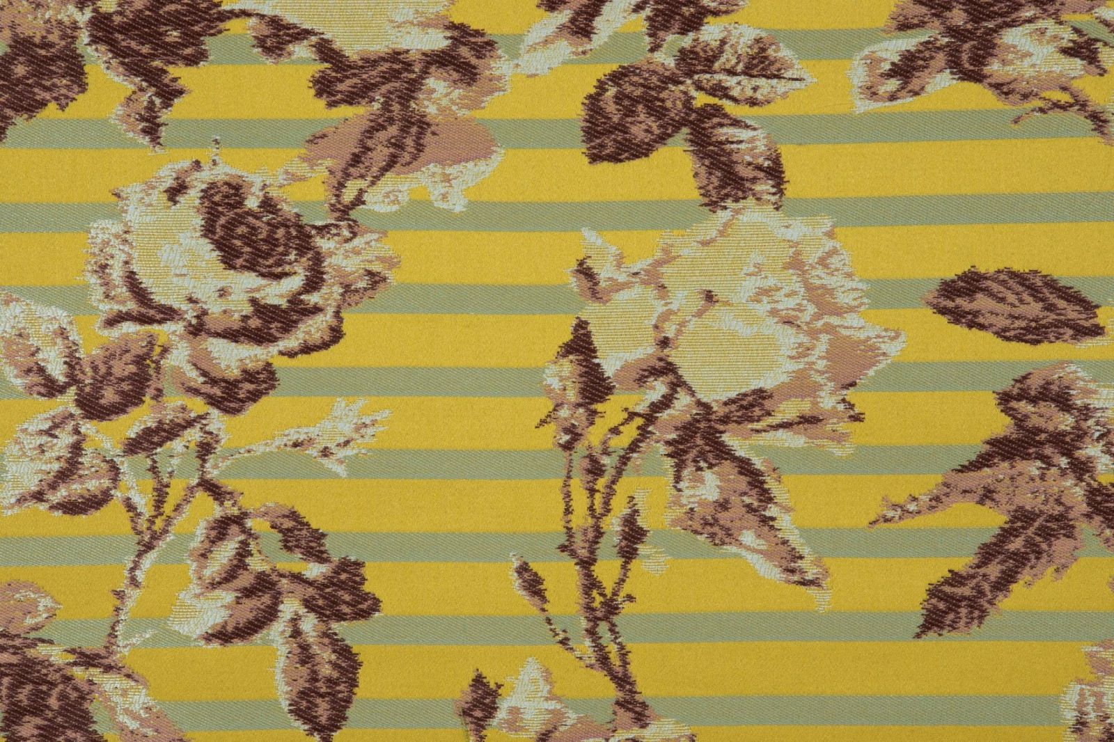 Mustard-gold textile with teal stripes and large brown cream painterly flowers