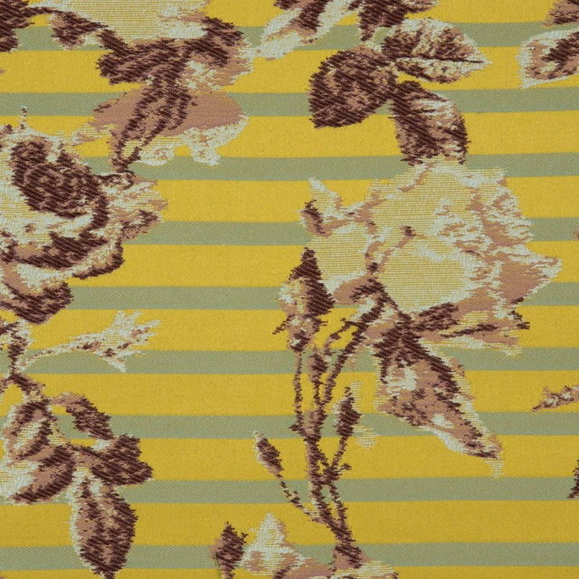 Mustard-gold textile with teal stripes and large brown cream painterly flowers