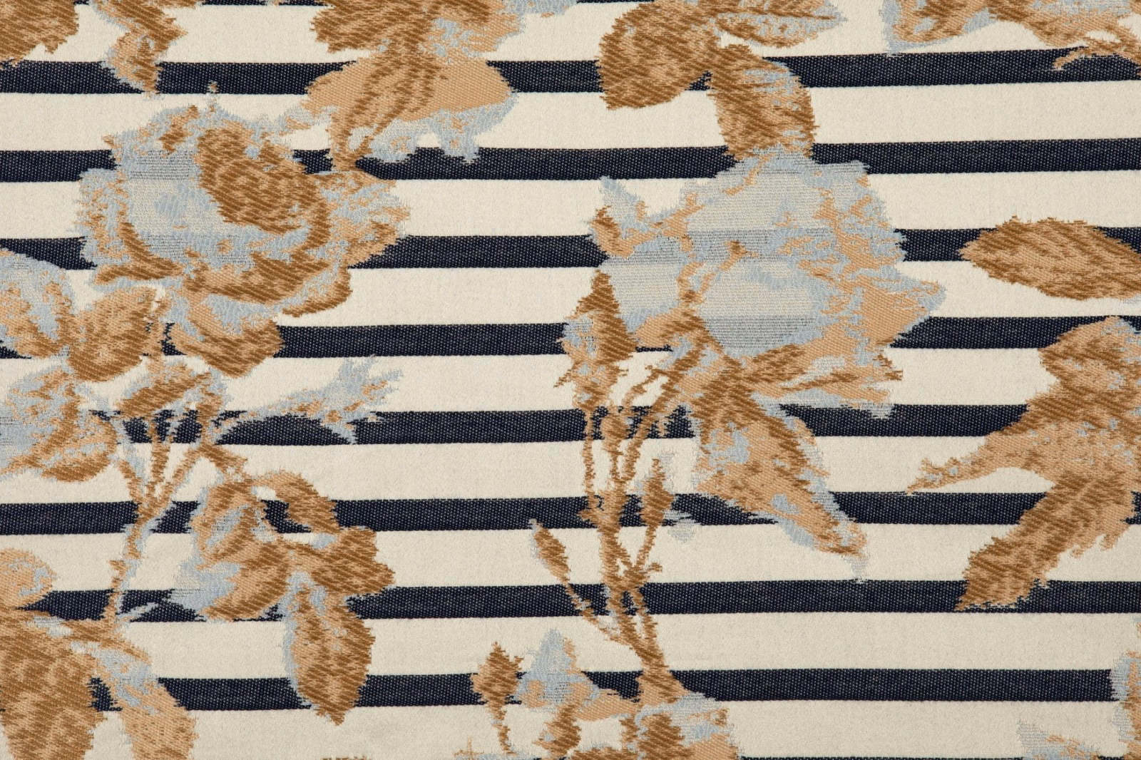 Ivory woven textile with navy stripes and tan, pale blue botanical forms