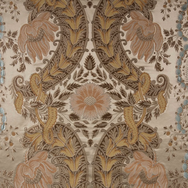 Warm champagne floral paisley textile with blush, ochre, taupe and pale blue accents
