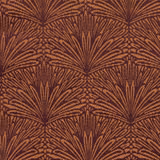 Aubergine-brown textile with repeating copper Art Deco fan motifs and fine woven texture