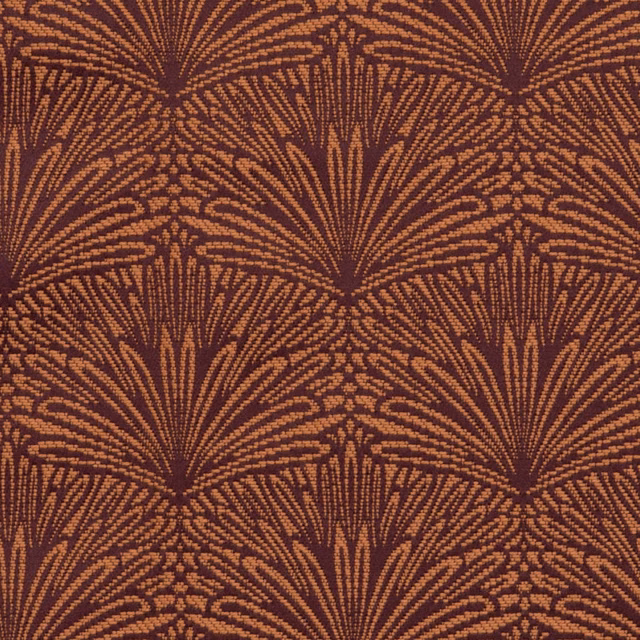 Aubergine-brown textile with repeating copper Art Deco fan motifs and fine woven texture