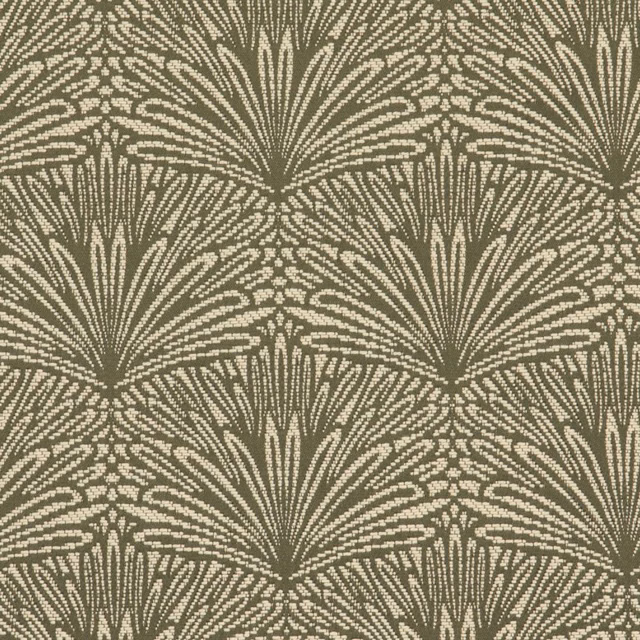 Muted olive-khaki textile with repeating cream fan fronds and fine woven texture