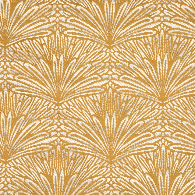 Muted ochre-gold textile with repeating cream Art Deco fan motifs