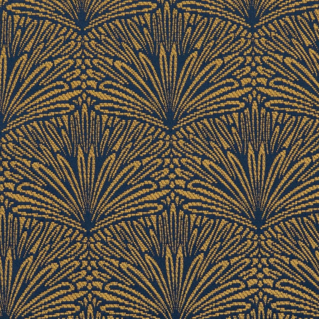Deep navy woven fabric with repeating ochre-gold Art Deco fan motifs and fine texture