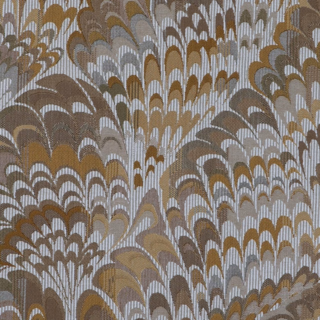 Taupe and muted ochre Art Deco fan motifs across a finely ribbed grey woven fabric