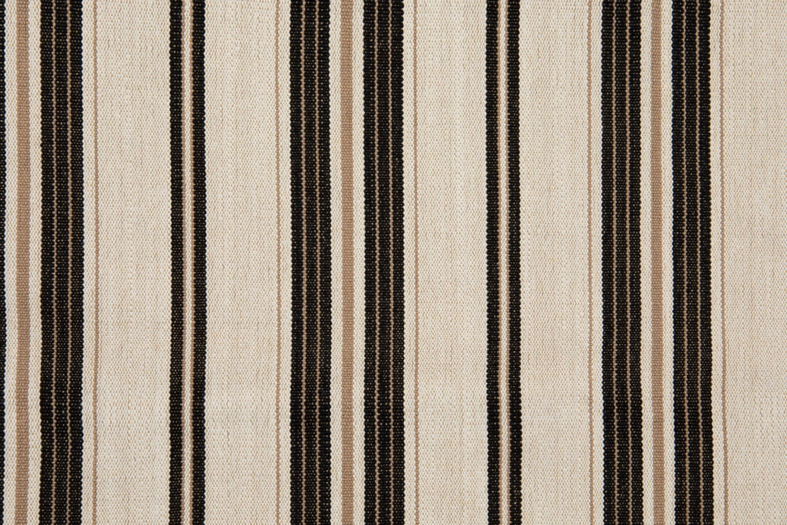Ecru textile with narrow black and brown vertical stripes and a visibly textured weave