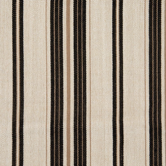 Ecru textile with narrow black and brown vertical stripes and a visibly textured weave