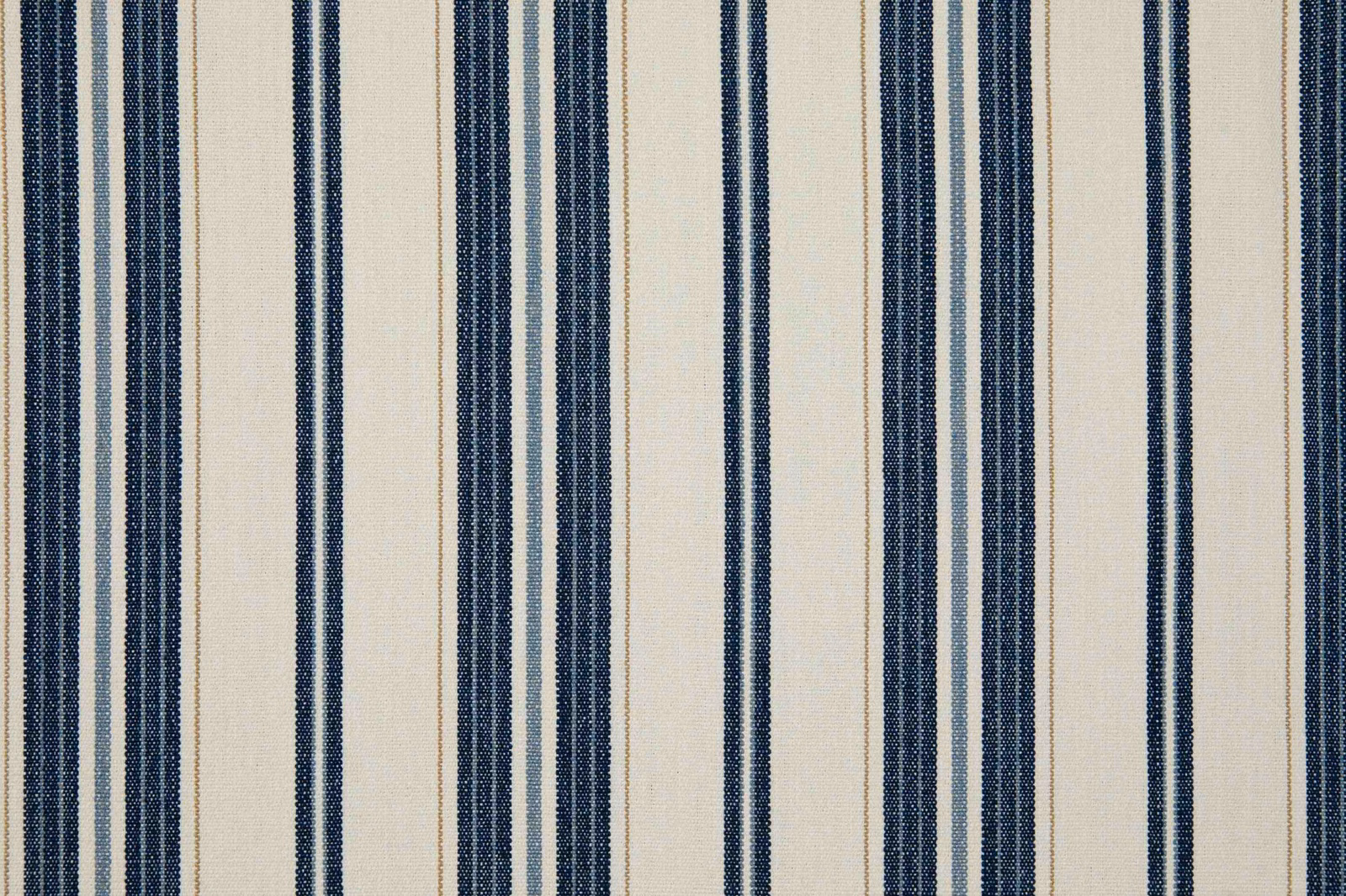 Marine blue and ivory woven fabric with alternating vertical stripe bands