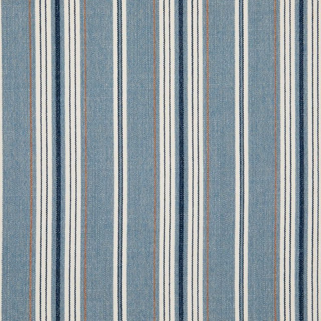 Muted ocean-blue woven fabric with varied vertical cream, charcoal and grey stripes